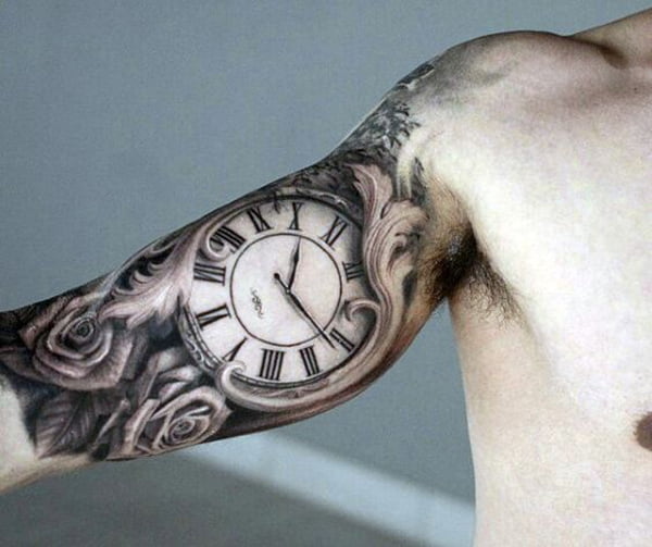 Monochrome Clock with Roses and Leaves Inner Bicep Tattoo