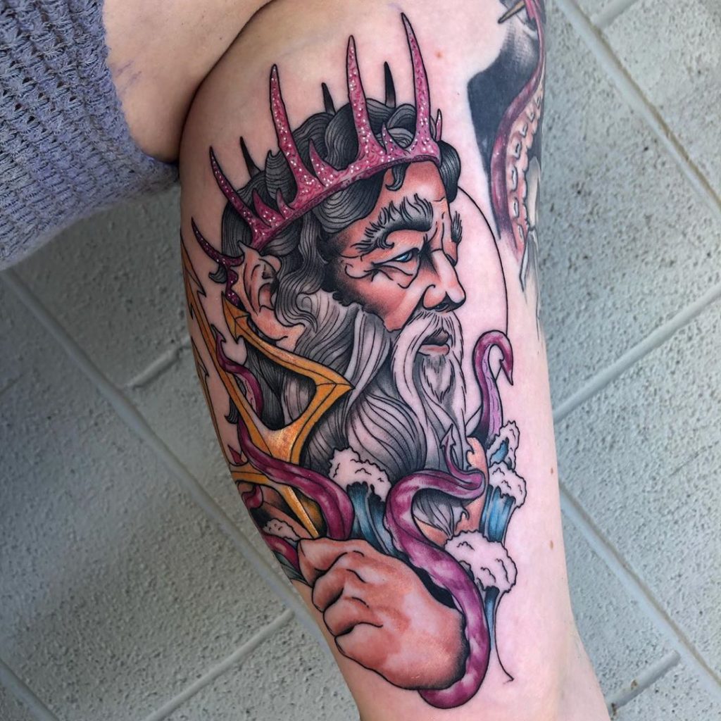 Poseidon with Trident and Coral Crown Inner Bicep Tattoo Ideas