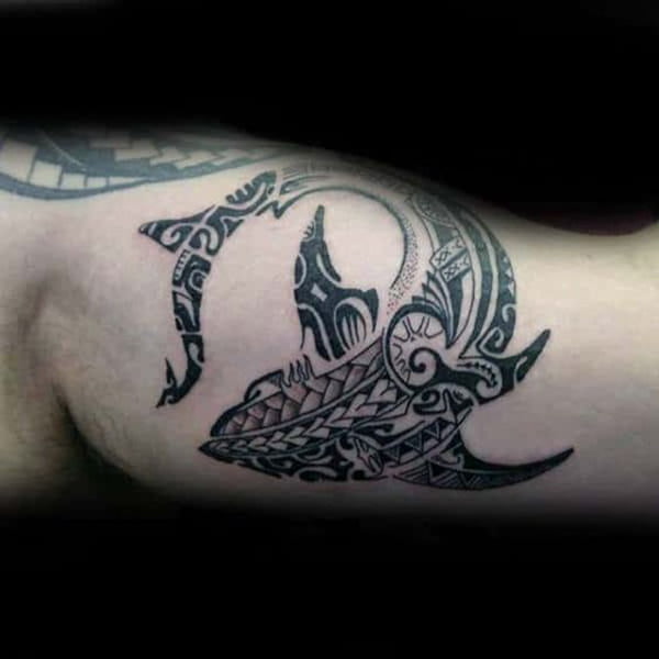 Shark Made of Multiple Patterns on Inner Bicep Tattoo Ideas