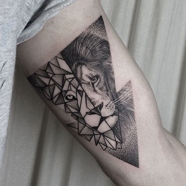 Lion Head in Two Styles Inner Bicep Tattoo Ideas