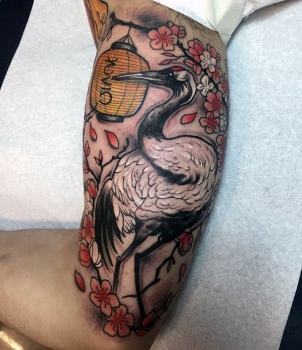 Crane with Cherry Blossoms and Lantern Bicep Tattoo Ideas