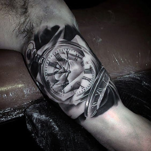 Pocket Watch with Damaged Face Bicep Tattoo Ideas