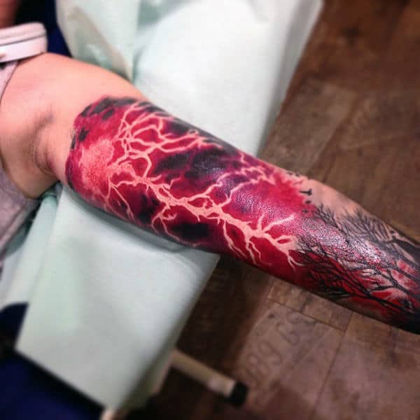 Lightning Striking Trees Full Sleeve Bicep Tattoo Ideas