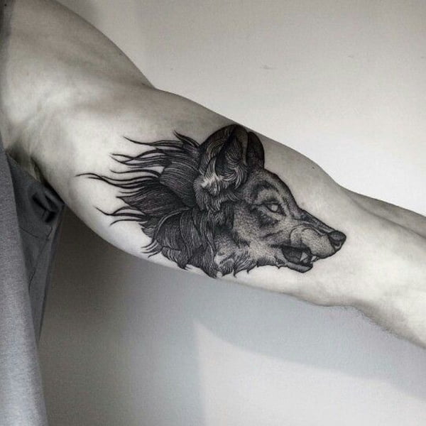 Wolf Head with Bared Teeth Bicep Tattoos