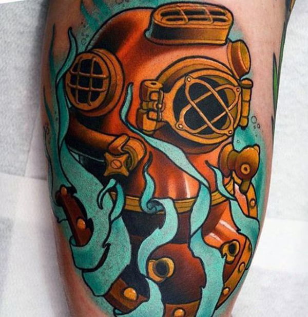 Old Fashioned Diving Suit and Seaweed Bicep Tattoos