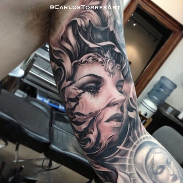 Head of a Woman Wearing a Circlet Bicep Tattoos