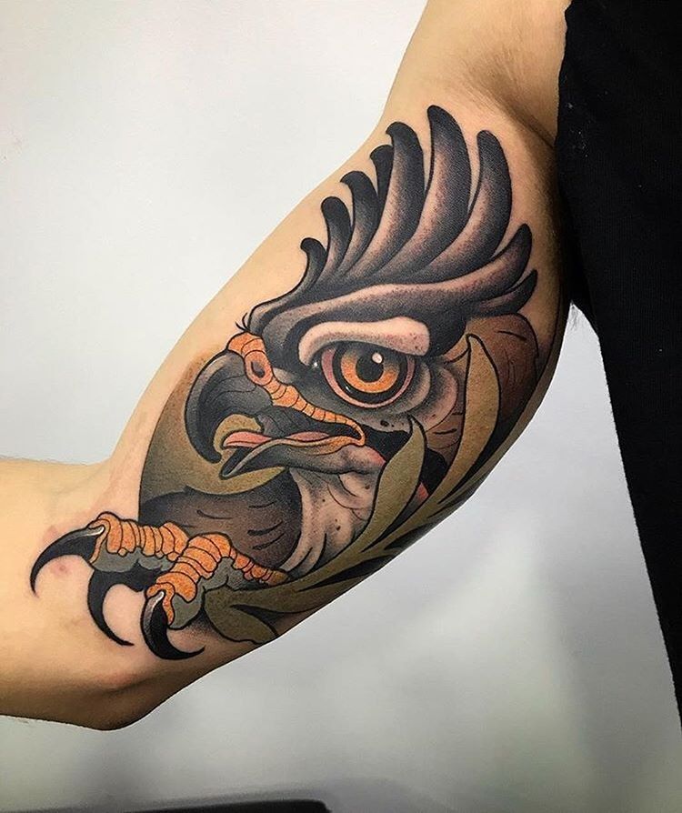 Bird of Prey Holding a Branch Inner Bicep Tattoos