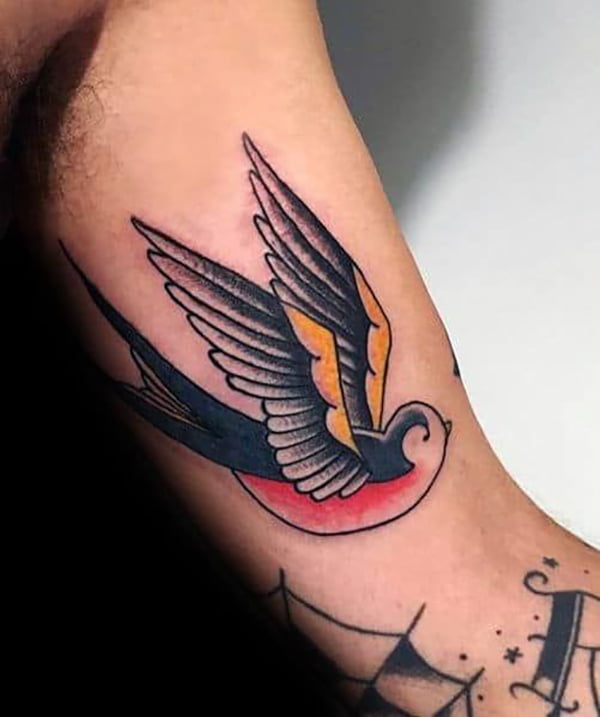 Simple Traditional Sparrow in Classic Style Inner Bicep Tattoos