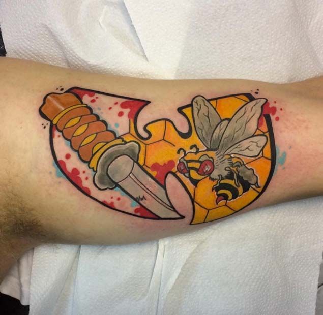 Wu-Tang Clan Logo with Hornet and Blade Inner Bicep Tattoos