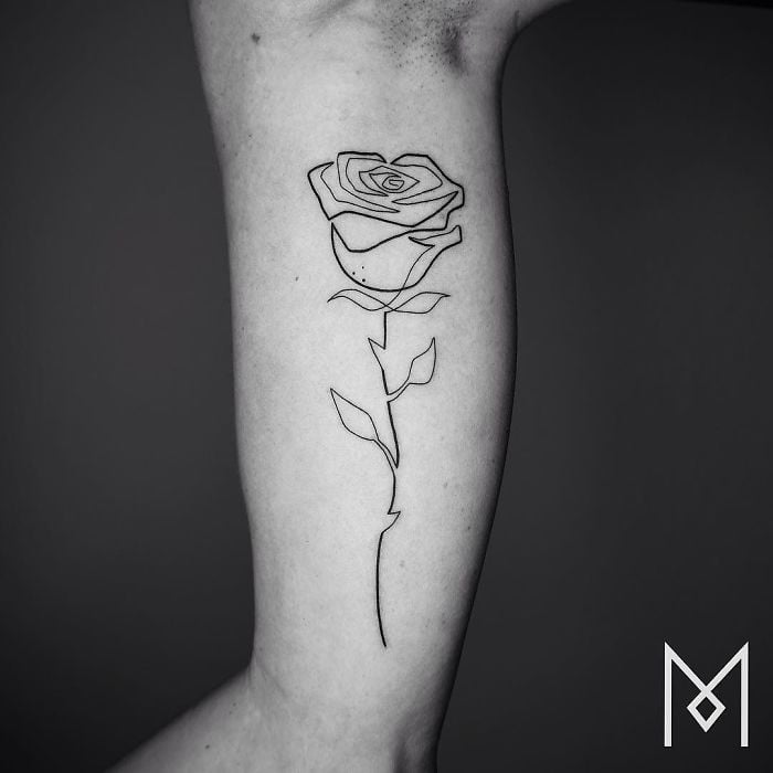 Rose Created with a Single Line Inner Bicep Tattoos for Men