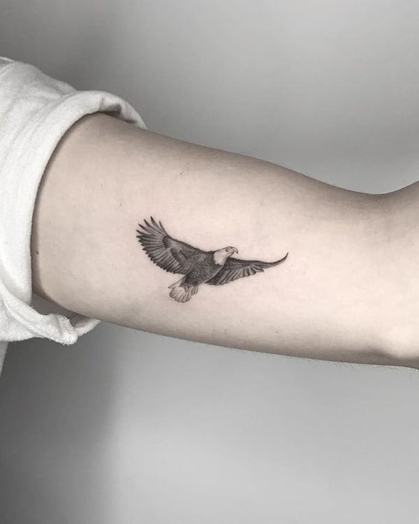 Small Bald Eagle in Flight Inner Bicep Tattoos for Men