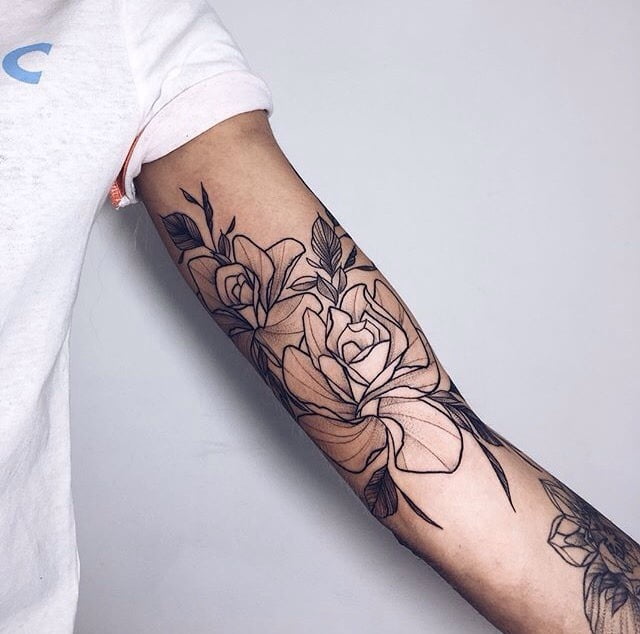 Sketchy Flowers with Dark Foliage Inner Bicep Tattoos for Men