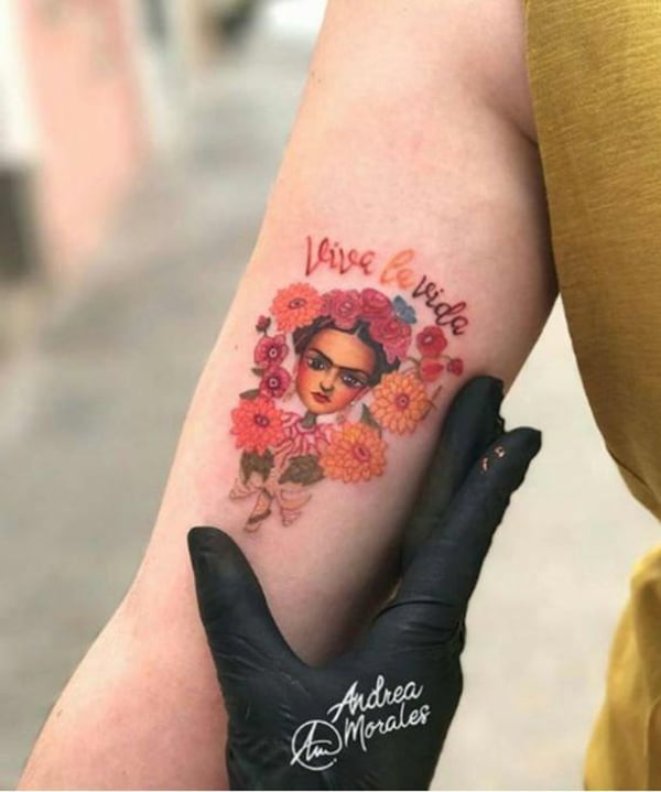Frida Kahlo Surrounded by Flowers and Quote Inner Bicep Tattoos for Men