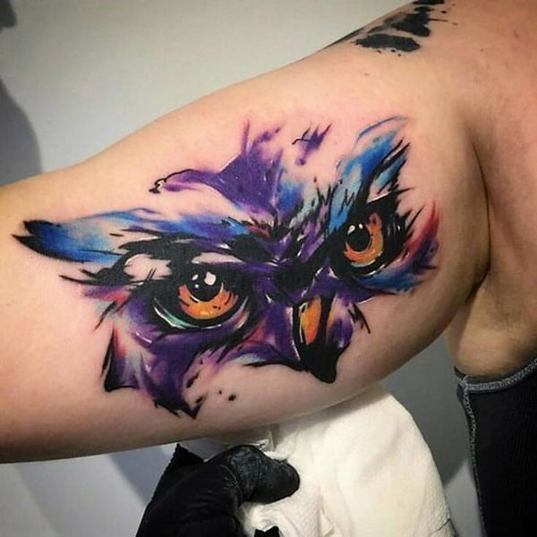 Owl with Splashes of Watercolor Inner Bicep Tattoos for Men