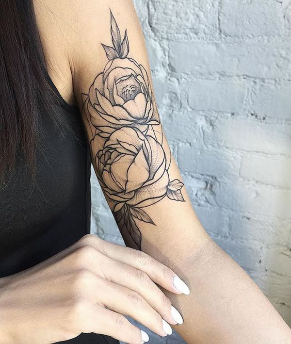 Simple Cabbage Roses with Foliage Inner Bicep Tattoos for Men