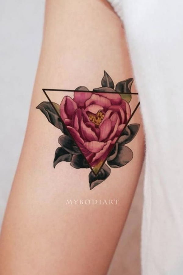  Rose and Foliage Framed Inside Triangle Inner Bicep Tattoos for Men