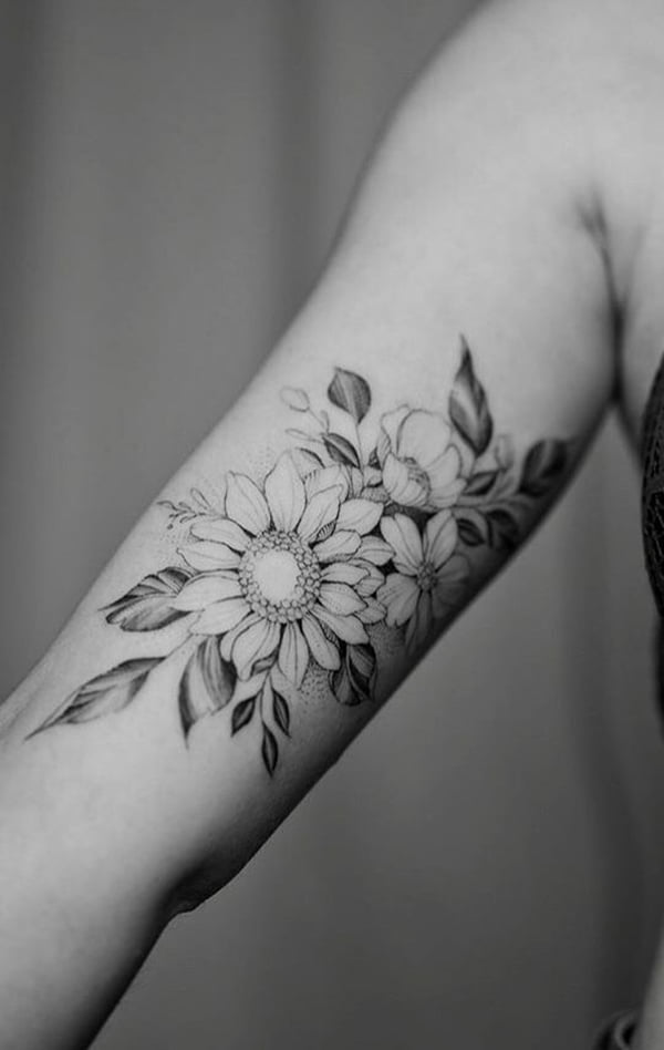 Flowers and Foliage in a Grayscale Inner Bicep Tattoos for Men