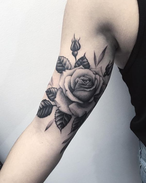 Large Rose with Leaves and Buds Inner Bicep Tattoos for Men