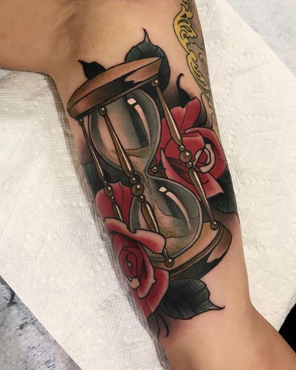 Hourglass with Two Red Roses Inner Bicep Tattoos for Men