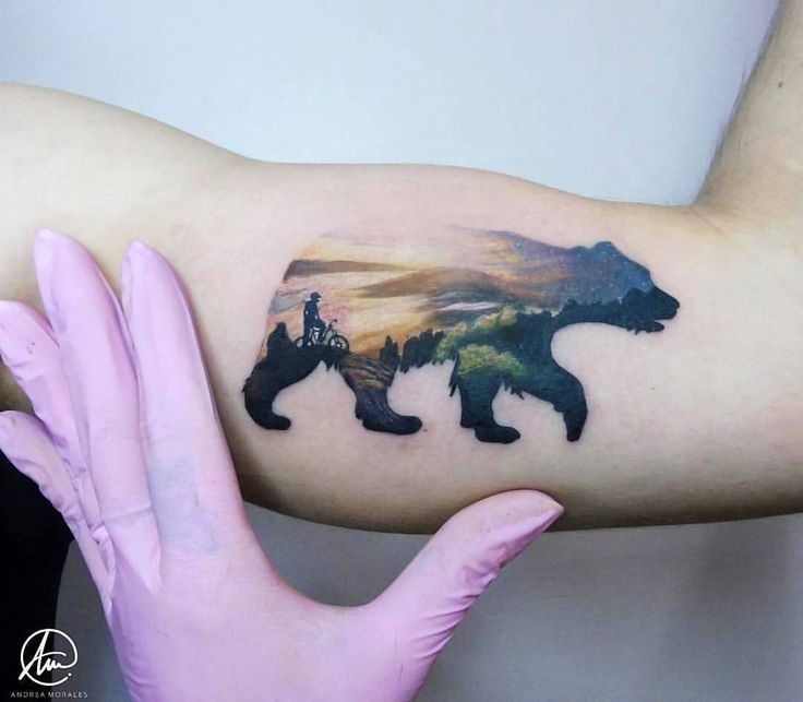 Sunset to Night Scenery in Bear Shape Inner Bicep Tattoos for Men