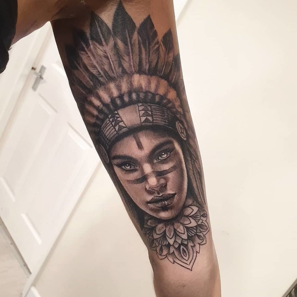 Woman in Warbonnet and Face Paint Inner Bicep Tattoos for Men