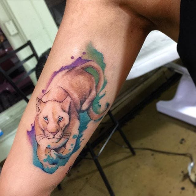 Big Cat on Splashes of Color Inner Bicep Tattoos for Men