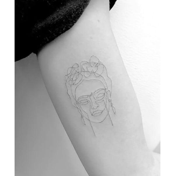 Frida Kahlo in a Single Line Inner Bicep Tattoos for Men