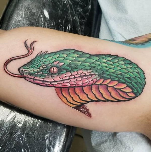 Green Viper with Tongue Out Best Inner Bicep Tattoos for Men