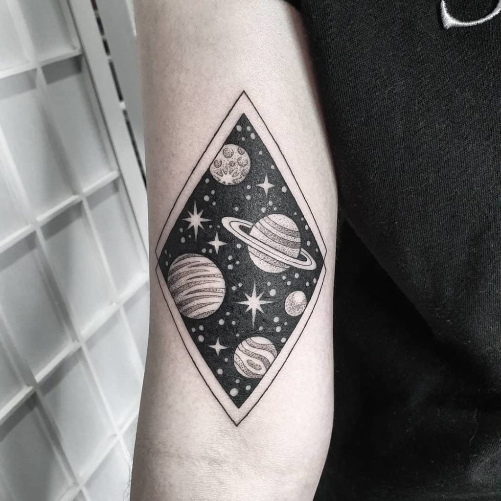 Celestial Scene in a Diamond Frame Best Inner Bicep Tattoos for Men