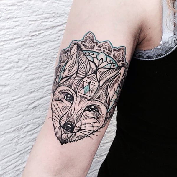 Artistic Fox Head and Patterns Inner Bicep Tattoos for Men