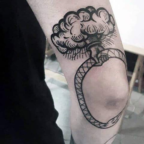 Hand Out of Cloud Holding Ouroboros Elbow Tattoo