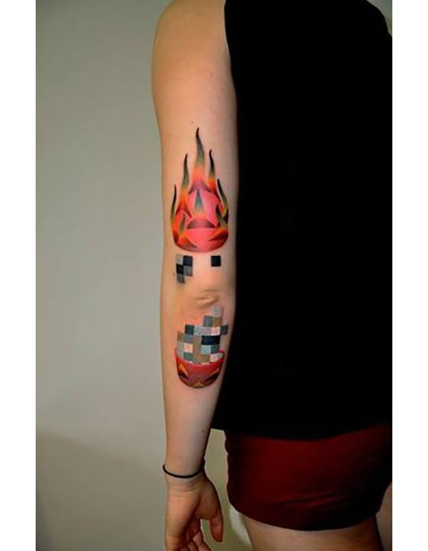 Dragonfruit Split in Half with Pixelated Insides Elbow Tattoo