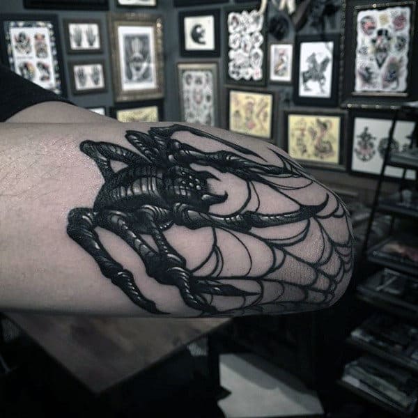 Detailed Spider Over a Web Traditional Elbow Tattoos