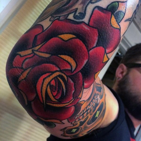 Traditional Style Red Rose Elbow Tattoos