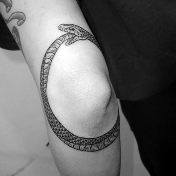 Snake Eating Its Own Tail Around Elbow Tattoos