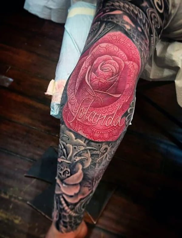 Intricate Patterned Rose with Name Elbow Tattoos