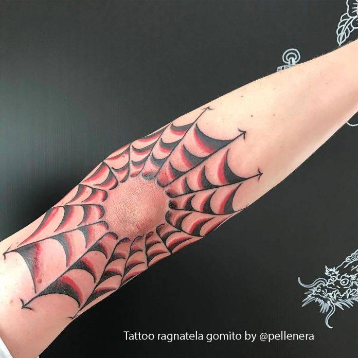 Spider Web with Touches of Red Elbow Tattoos