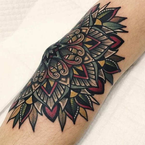 Intricate Colorful Pattern on Elbow Tattoos for Men