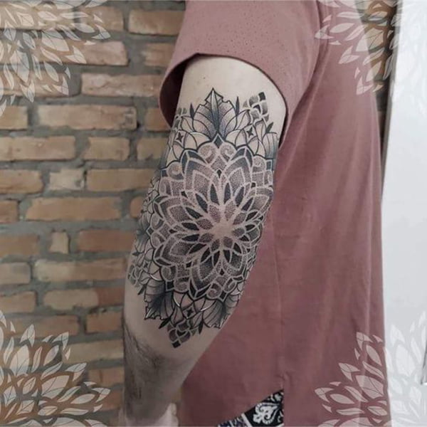 Grayscale Flower Pattern and Leaves Elbow Tattoos for Men