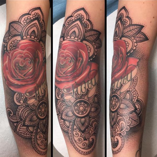 Red Rose and Floral Designs on Mandala Elbow Tattoo