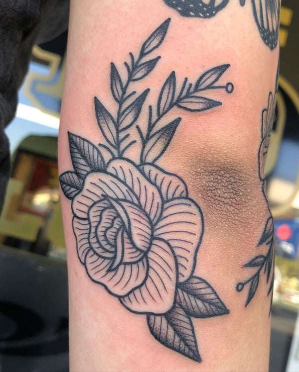 Rose with Leaves and Branches Mandala Elbow Tattoo