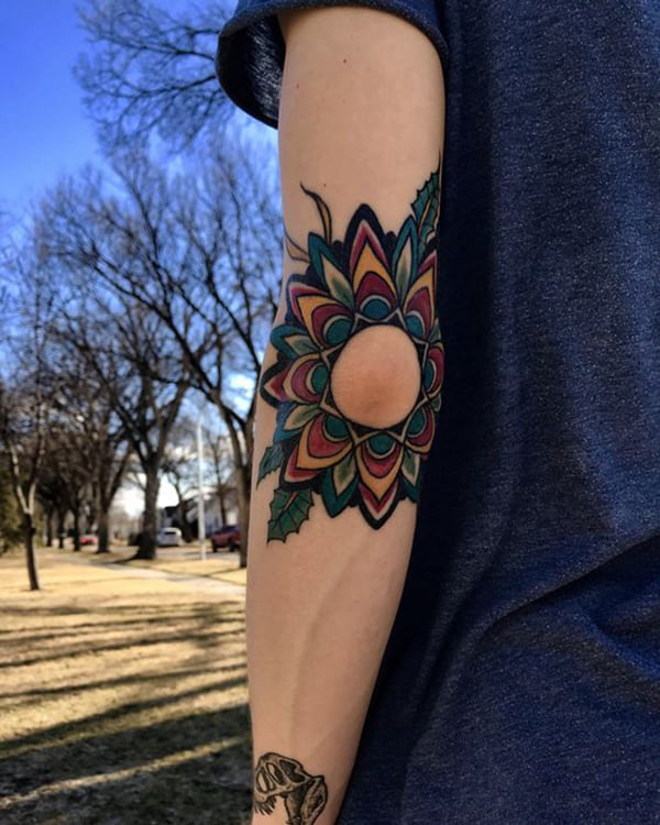 Colorful Flower Pattern Around Elbow Tattoos