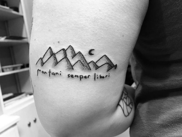 Mountain Scene with Moon Above Quote Elbow Tattoos