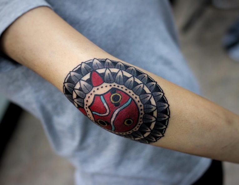 Princess Mononoke Mask on Elbow Tattoos