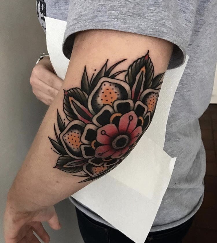 Pattern Made of Layers of Flowers Elbow Tattoos