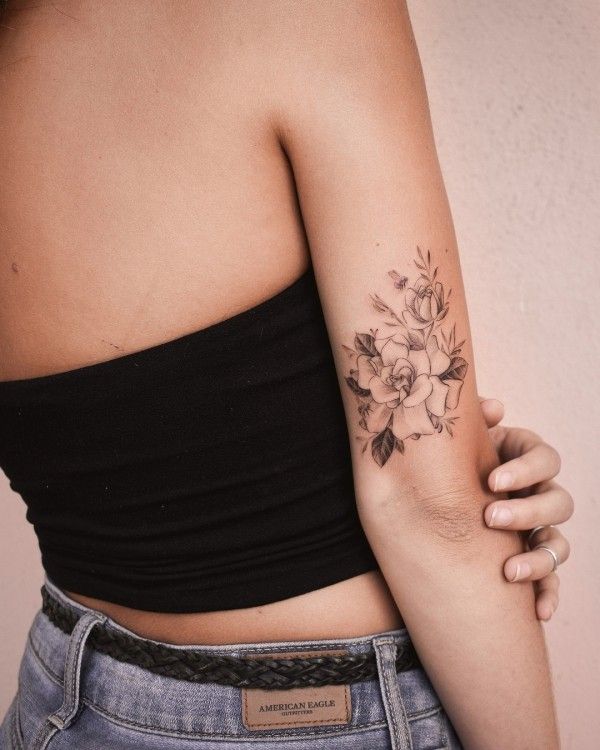 Rose with Leaves and Rosebud Elbow Tattoos
