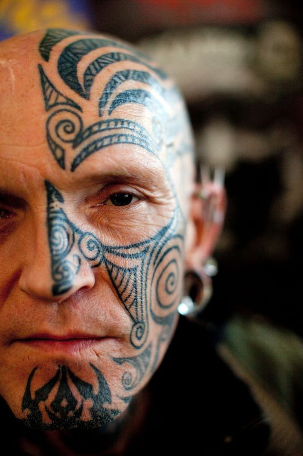 Half Face Tribal Lines Face Tattoos