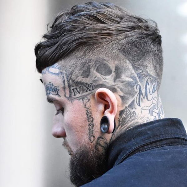 Shaded Skull Roman Numerals Face Tattoos