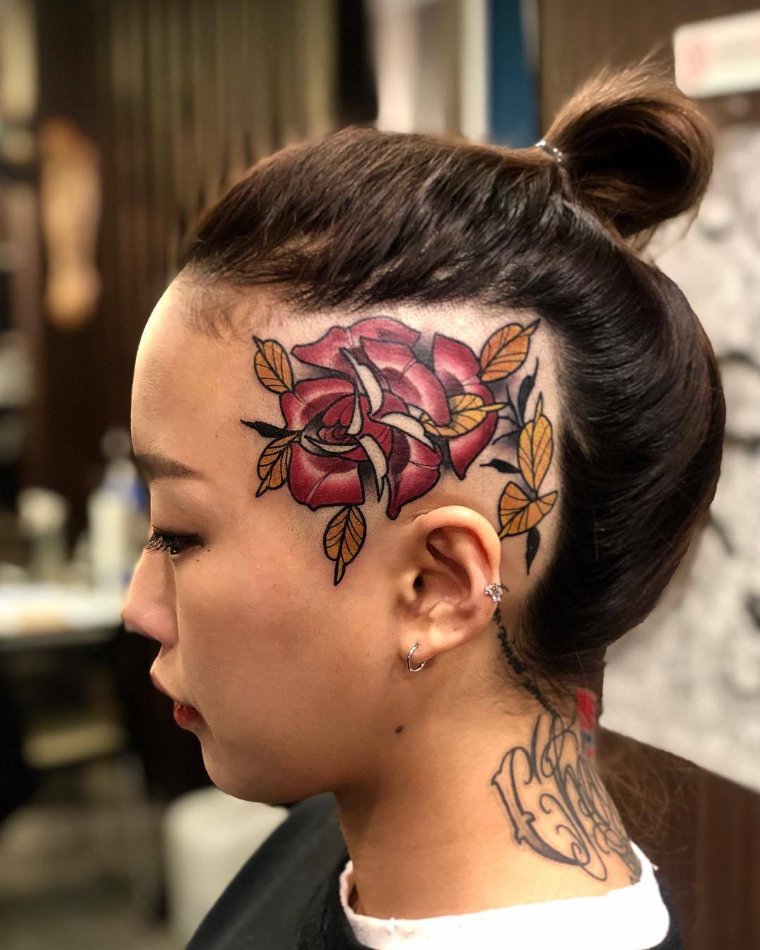 Red Rose Golden Leaves Face Tattoos
