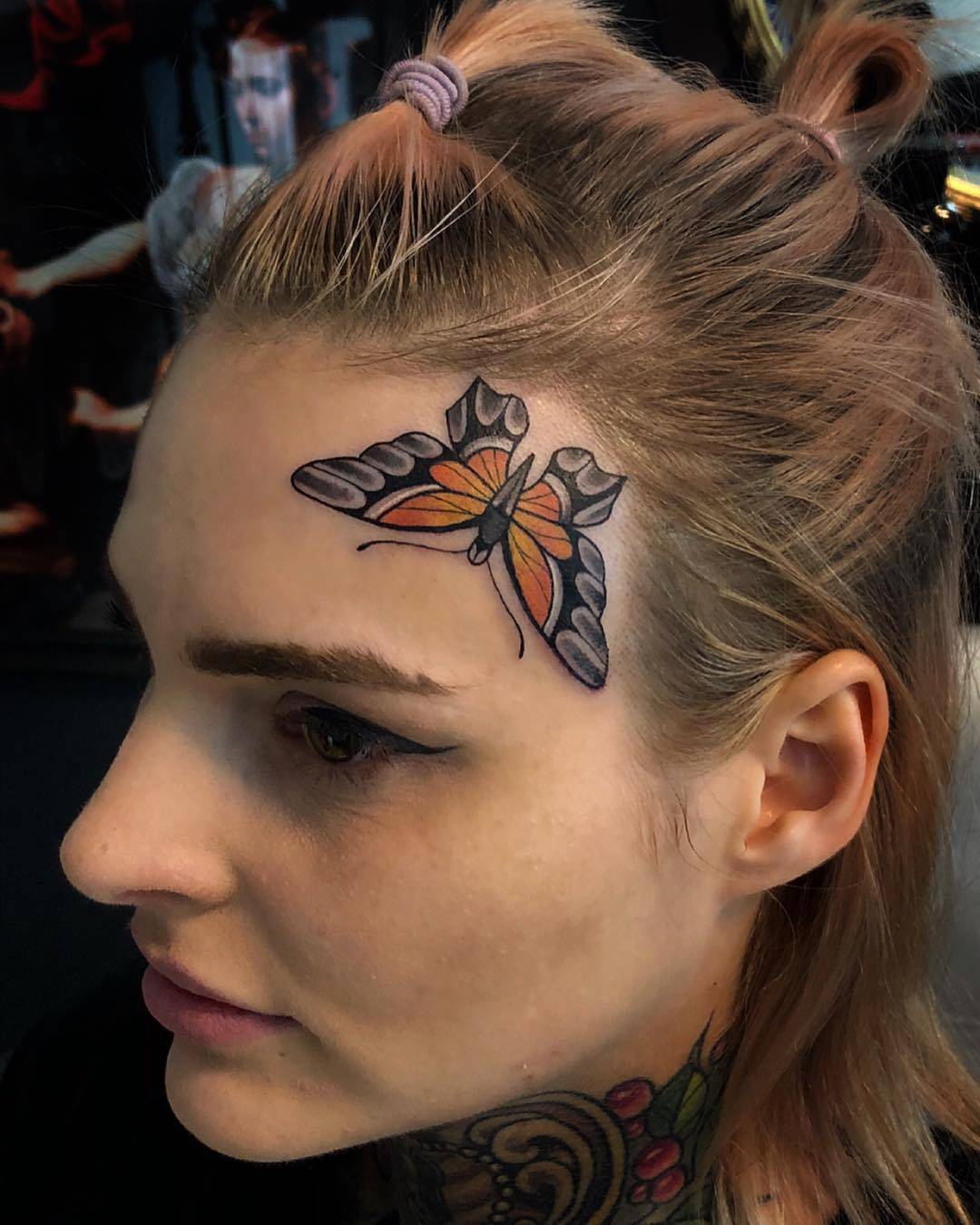 Simple Orange Black Butterfly Face Tattoo